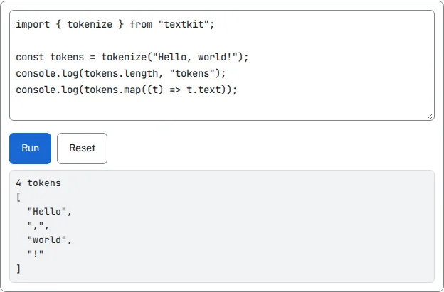 The live example: an editor holding four lines that import tokenize, a Run and a Reset button, and the output "4 tokens" followed by the array Hello, comma, world, exclamation mark