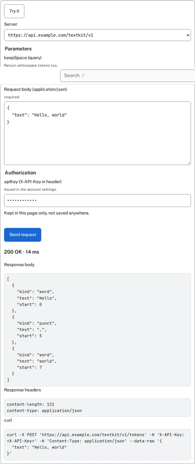 The Try it console for POST /tokens: a server list, a keepSpace choice, the JSON body, a masked API key, the Send request button, then 200 OK in 14 ms with the response body, headers and a curl command whose key reads X-API-Key in angle brackets
