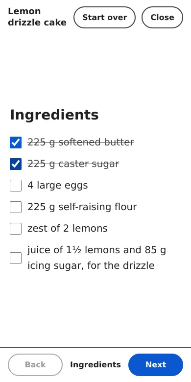 Cook Mode on a phone: the ingredient checklist with two items ticked and crossed out