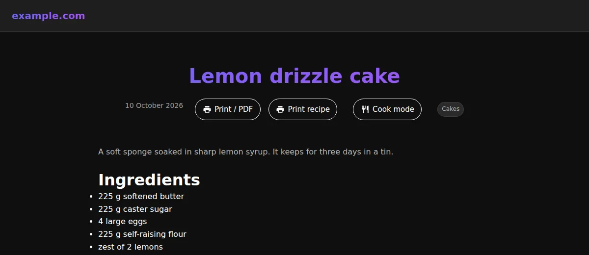 A recipe page with three buttons under the title: Print / PDF, Print recipe and Cook mode