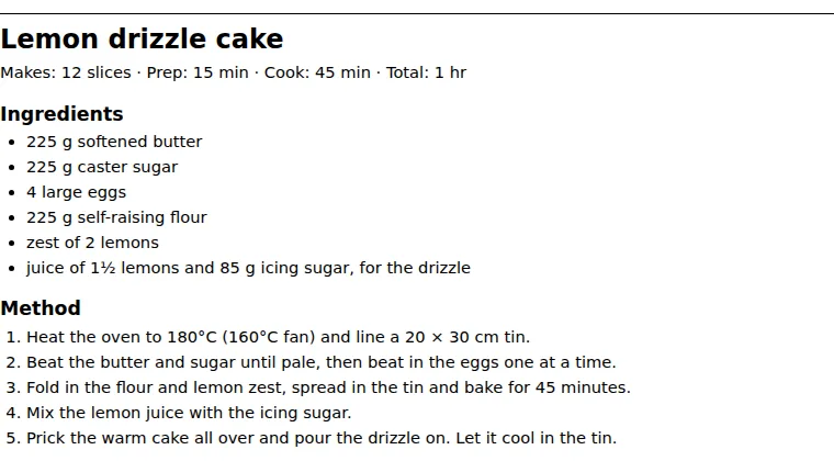 The printed recipe card: title, "Makes 12 slices · Prep 15 min · Cook 45 min · Total 1 hr", the ingredients and five numbered steps