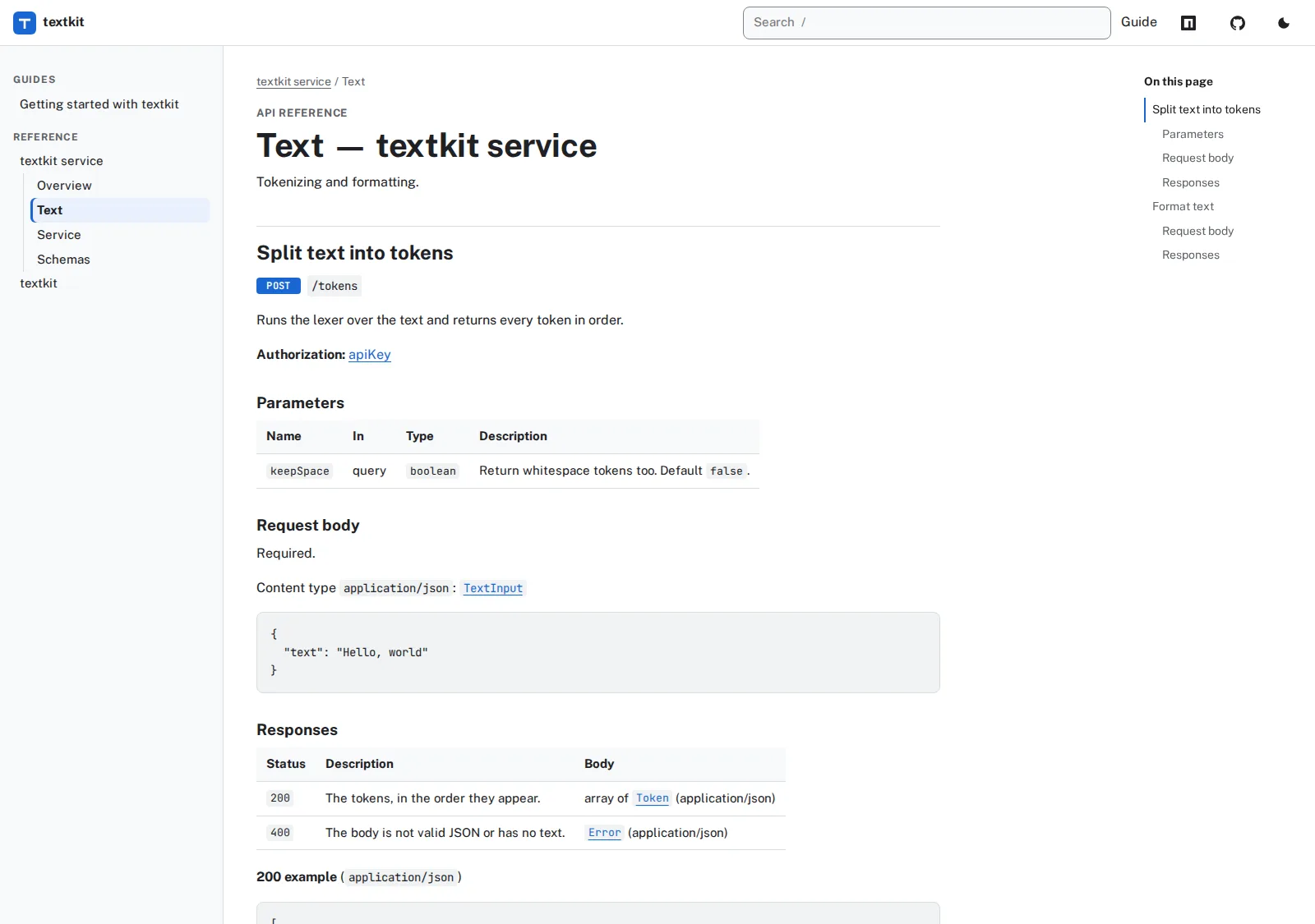 The apidoc theme on a REST reference page: the sidebar with guides and the open textkit service tree, a POST label beside /tokens, parameter and response tables, and an On this page column